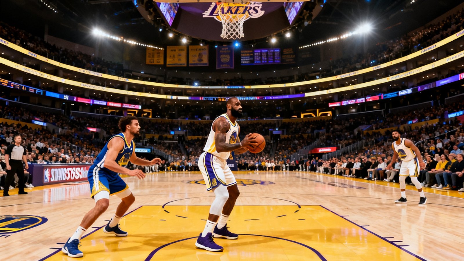 NBA常规赛直播画面，洛杉矶湖人主场对阵金州勇士，詹姆斯正在罚球线附近持球组织进攻，场上比分112比108，第四节剩余3分20秒，球馆内灯光璀璨，观众席爆满